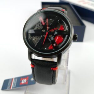 Never Stop Wheel Black Leather Strap Men's Watch
