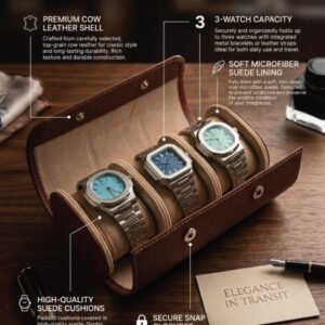 1.1 brown 3-Slot Watch Travel Case – Premium Leather Organizer